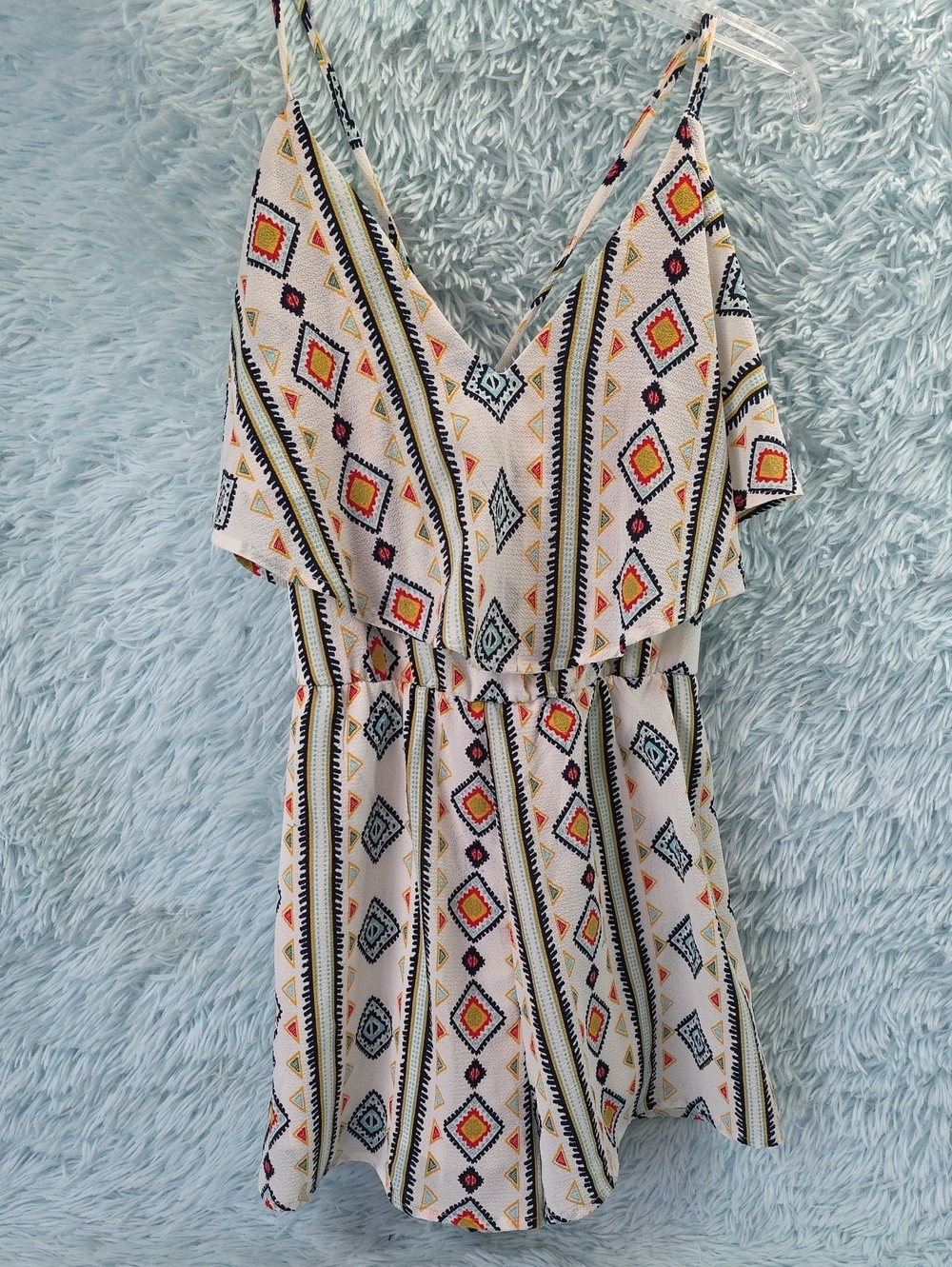 Crystal Sky Boho Geometric Print Romper Juniors L White Yellow Blue Diamond